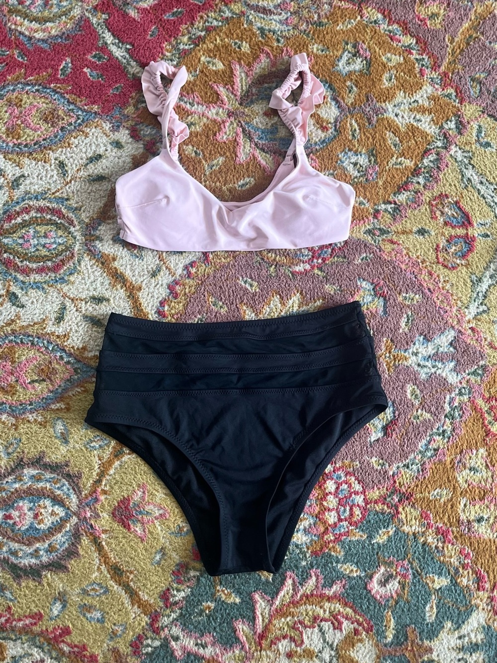 Aerie Light Pink Ruffle-Strap Bikini Top Shade & Shore Black High-Waist Bottoms
